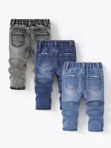 SHEIN 3Pcs Baby Boy Dark Blue Medium-Dark Blue And Light Gray Denim Stretch Tight Hole-Length Jeans - Multicolor - View 2