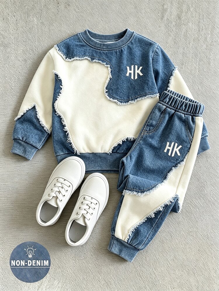 2pcs Set Teen Boy Fashionable Minimalist Comfortable Crew Neck Sweatshirt & Sweatpants Outfit, Cool Geometric Patchwork All-Over Print Design, English Letter Print, Suitable For Holiday Parties, Casual Wear, Spring/Autumn/Winter Streetwear, Outing, Back To School, Party - Multicolor - View 3