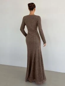 Siren Gaze Women's Autumn/Winter New Lace Patchwork Fleece Ribbed Knit Set Brunch Mocha Brown Elegant - Brown - View 2
