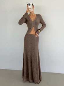Siren Gaze Women's Autumn/Winter New Lace Patchwork Fleece Ribbed Knit Set Brunch Mocha Brown Elegant - Brown - View 4