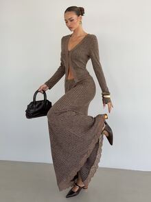 Siren Gaze Women's Autumn/Winter New Lace Patchwork Fleece Ribbed Knit Set Brunch Mocha Brown Elegant - Brown - View 6