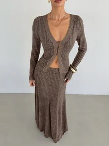 Siren Gaze Women's Autumn/Winter New Lace Patchwork Fleece Ribbed Knit Set Brunch Mocha Brown Elegant - Brown - View 3