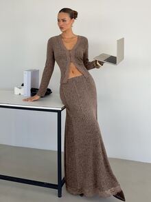 Siren Gaze Women's Autumn/Winter New Lace Patchwork Fleece Ribbed Knit Set Brunch Mocha Brown Elegant - Brown - View 5