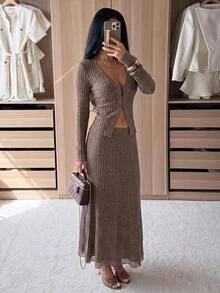 Siren Gaze Women's Autumn/Winter New Lace Patchwork Fleece Ribbed Knit Set Brunch Mocha Brown Elegant - Brown - View 1