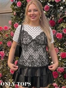 SHEIN MOD Plus Size White 2 In 1 Lace Patchwork Round Neck Cropped T-Shirt - Black and White - View 7