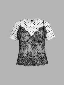 SHEIN MOD Plus Size White 2 In 1 Lace Patchwork Round Neck Cropped T-Shirt - Black and White - View 5
