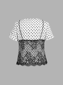 SHEIN MOD Plus Size White 2 In 1 Lace Patchwork Round Neck Cropped T-Shirt - Black and White - View 2