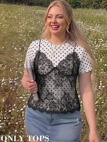 SHEIN MOD Plus Size White 2 In 1 Lace Patchwork Round Neck Cropped T-Shirt - Black and White - View 9