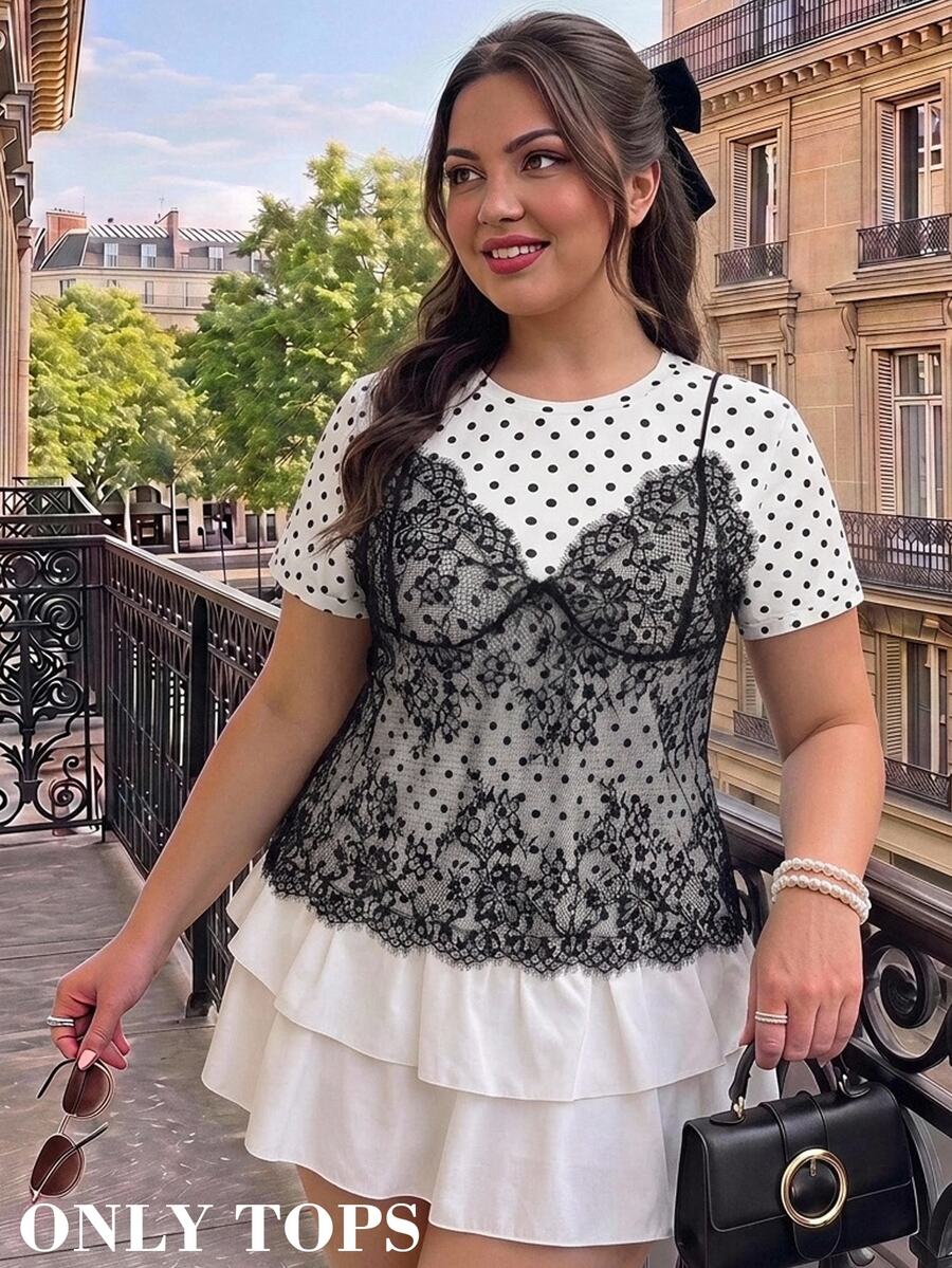 SHEIN MOD Plus Size White 2 In 1 Lace Patchwork Round Neck Cropped T-Shirt - Black and White - View 1