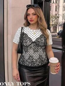 SHEIN MOD Plus Size White 2 In 1 Lace Patchwork Round Neck Cropped T-Shirt - Black and White - View 6