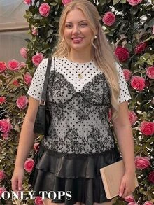 SHEIN MOD Plus Size White 2 In 1 Lace Patchwork Round Neck Cropped T-Shirt - Black and White - View 10