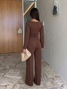 Siren Gaze Set Atasan dan Celana Warna Polos Terbaru untuk Musim Gugur/Dingin - Coklat - View 2