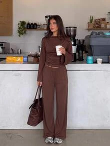 Siren Gaze Set Atasan dan Celana Warna Polos Terbaru untuk Musim Gugur/Dingin - Coklat - View 1
