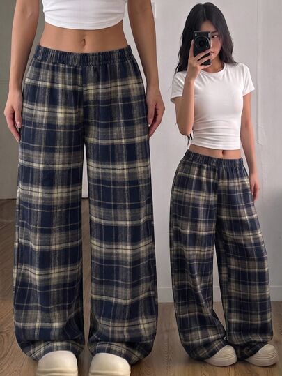 SHEIN Tween Girl Fashion Plaid Loose Long Pants For Daily Wear