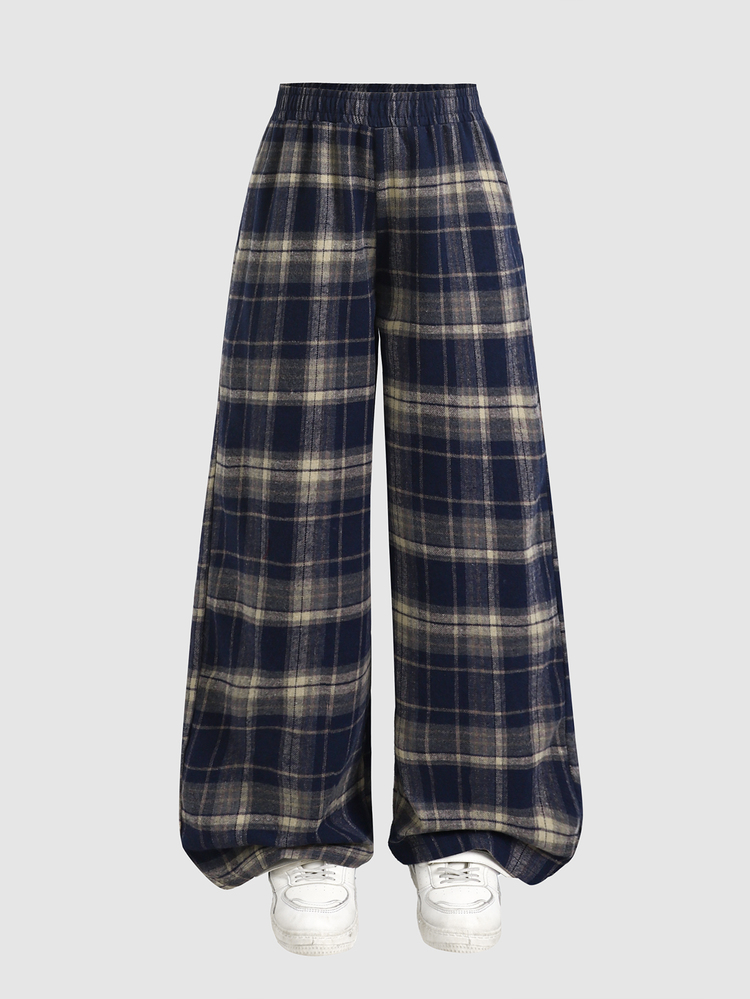 SHEIN Kids Tween Girl Fashion Plaid Loose Long Pants For Daily Wear School Dance Navy Blue Fall Casual Street - Navy Blue - View 4