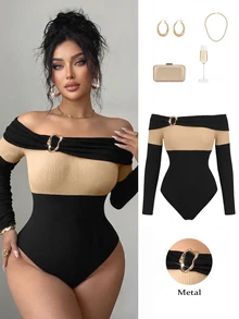 GlowEve CURVE Plus Size Women Spring/Autumn Elegant Versatile Square Neck Metal Buckle Decor Colorblock Ribbed Knit Bodysuit - Multicolor - View 5