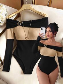 GlowEve CURVE Plus Size Women Spring/Autumn Elegant Versatile Square Neck Metal Buckle Decor Colorblock Ribbed Knit Bodysuit - Multicolor - View 3