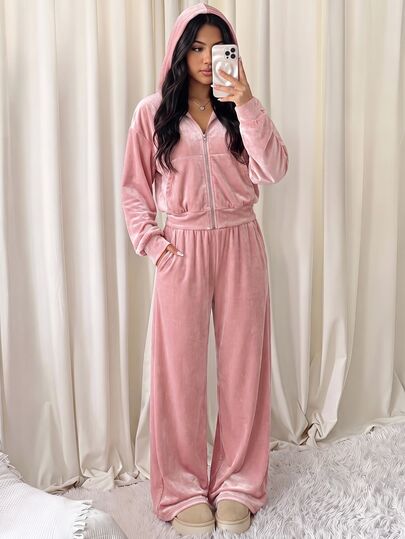 SHEIN Tween Girl Zipper Long Sleeve Sweatshirt And Pocket Loose Pants Dusty Pink Velvet Set