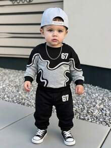 2pcs Baby Boys Casual 67 Number Print Color Block Pattern Crew Neck Fleece Long Sleeve Sweatshirt And Matching Fleece Sweatpants Set, Suitable For Autumn/Winter - Multicolor - View 1