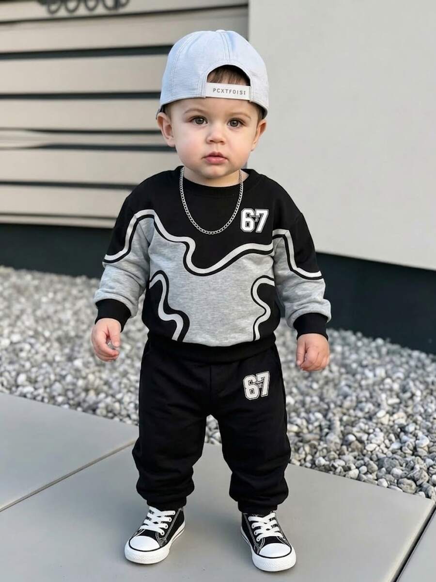 2pcs Baby Boys Casual 67 Number Print Color Block Pattern Crew Neck Fleece Long Sleeve Sweatshirt And Matching Fleece Sweatpants Set, Suitable For Autumn/Winter - Multicolor - View 1