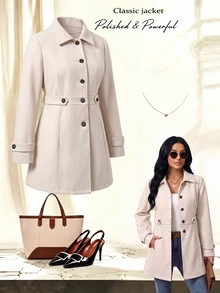 SHEIN LUNE CURVE Plus Size Women's Autumn/Winter Elegant Commuter Versatile Casual Lapel Wool Blend Fabric Patchwork Side Pocket Buttoned Coat - Apricot - View 6