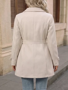 SHEIN LUNE CURVE Plus Size Women's Autumn/Winter Elegant Commuter Versatile Casual Lapel Wool Blend Fabric Patchwork Side Pocket Buttoned Coat - Apricot - View 2