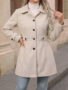 SHEIN LUNE CURVE Plus Size Women's Autumn/Winter Elegant Commuter Versatile Casual Lapel Wool Blend Fabric Patchwork Side Pocket Buttoned Coat - Apricot - View 7