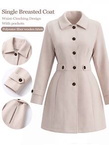 SHEIN LUNE CURVE Plus Size Women's Autumn/Winter Elegant Commuter Versatile Casual Lapel Wool Blend Fabric Patchwork Side Pocket Buttoned Coat - Apricot - View 1