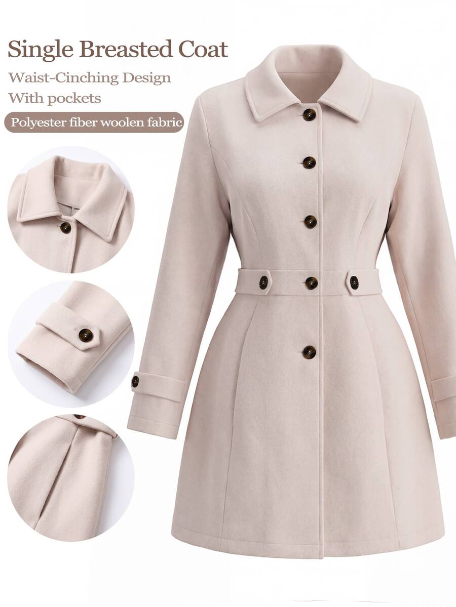 SHEIN LUNE CURVE Plus Size Women's Autumn/Winter Elegant Commuter Versatile Casual Lapel Wool Blend Fabric Patchwork Side Pocket Buttoned Coat - Apricot - View 1