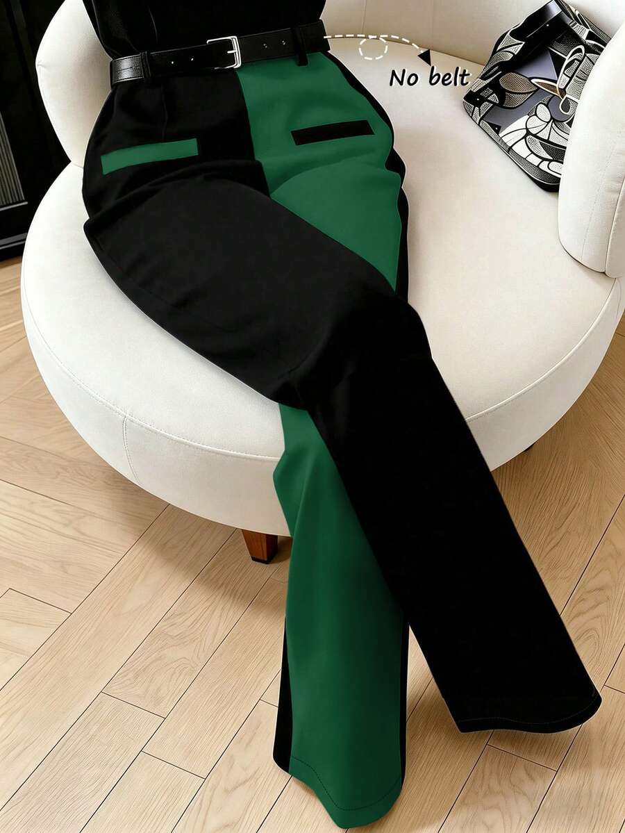SHEIN Franclia 女款休閒極簡夏季時尚拼色長褲,適合日常穿著 - 綠色 - 查看 1