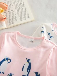 4件組女童幼兒長袖修身貼身長褲睡衣，可愛藍色企鵝印花與粉白條紋軟針織款，秋冬日常穿著 - 彩色 - 查看 5