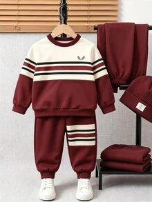 SHEIN 小男孩舒適圓領長袖運動衫與運動長褲2件套，條紋對比色極簡幾何翅膀圖案，適合秋冬春季，輕鬆舒適，完美適用於返校、派對、戶外野餐、街拍、校園、假期、禮物 - 彩色 - 查看 4