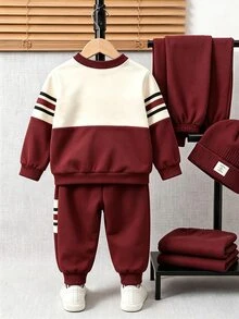 SHEIN 小男孩舒適圓領長袖運動衫與運動長褲2件套，條紋對比色極簡幾何翅膀圖案，適合秋冬春季，輕鬆舒適，完美適用於返校、派對、戶外野餐、街拍、校園、假期、禮物 - 彩色 - 查看 5