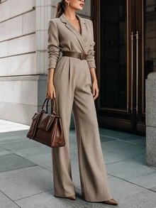 SHEIN PariChic جمبسوت بلون موحد للتنقل اليومي موضة الخريف/الشتاء - كاكي - مشاهدة 5