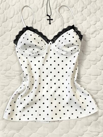 IslaSuriya Women's Lace Patchwork Polka Dot Casual Everyday Camisole Top