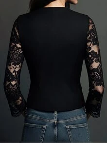 SHEIN Women's Lace Patchwork Casual Versatile Daily Travel Long Sleeve Jacket - Black - View 2