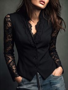SHEIN Women's Lace Patchwork Casual Versatile Daily Travel Long Sleeve Jacket - Black - View 3