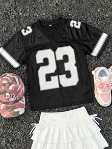 Coolane Kids 青少年女孩夏季街頭風 Y2K 可愛演唱會運動圖案數字印花寬鬆 V 領球衣 T 恤 - 黑色 - 查看 5