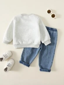 SHEIN 男女嬰兒/幼兒 2件組秋冬保暖內裡加厚休閒可愛丹寧汽車貼布繡花運動衫套裝，嬰兒運動服，嬰兒冬季衣物，牛仔褲 - 灰色 - 查看 3