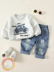 SHEIN 男女嬰兒/幼兒 2件組秋冬保暖內裡加厚休閒可愛丹寧汽車貼布繡花運動衫套裝，嬰兒運動服，嬰兒冬季衣物，牛仔褲 - 灰色 - 查看 4