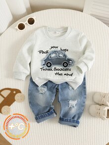 SHEIN 男女嬰兒/幼兒 2件組秋冬保暖內裡加厚休閒可愛丹寧汽車貼布繡花運動衫套裝，嬰兒運動服，嬰兒冬季衣物，牛仔褲 - 灰色 - 查看 8