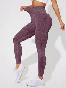Eassivo Eassivo 女式扎染高腰休闲健身紧身裤瑜伽裤 - 中紫紅色 - 查看 6