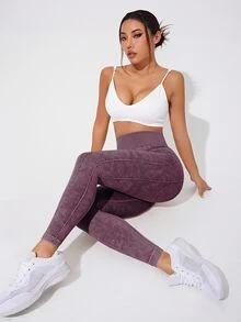 Eassivo Eassivo 女式扎染高腰休闲健身紧身裤瑜伽裤 - 中紫紅色 - 查看 5