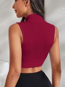 Eassivo Eassivo Burgundy Summer Sexy Gym Solid Color Seamless High Elasticity Cropped Sports Racerback Tank Top Workout Clothes For Women Athletic Workout Gear - Burgundy - View 2