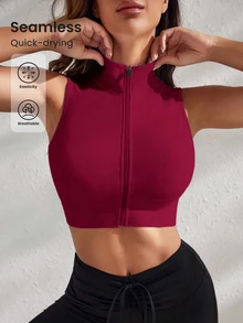 Eassivo Eassivo Burgundy Summer Sexy Gym Solid Color Seamless High Elasticity Cropped Sports Racerback Tank Top Workout Clothes For Women Athletic Workout Gear - Burgundy - View 4