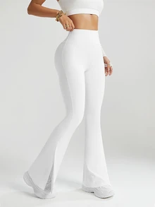 Eassivo Eassivo Women's Solid Color High Waist Split Hem Flare Sports Pants - White - View 6