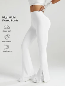 Eassivo Eassivo Women's Solid Color High Waist Split Hem Flare Sports Pants - White - View 1