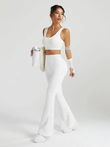Eassivo Eassivo Women's Solid Color High Waist Split Hem Flare Sports Pants - White - View 4