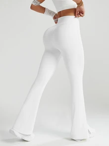 Eassivo Eassivo Women's Solid Color High Waist Split Hem Flare Sports Pants - White - View 2
