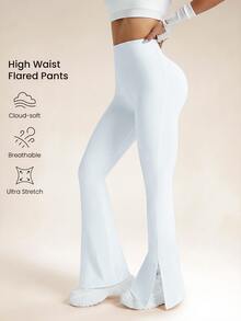 Eassivo Eassivo Women's Solid Color High Waist Split Hem Flare Sports Pants - White - View 3
